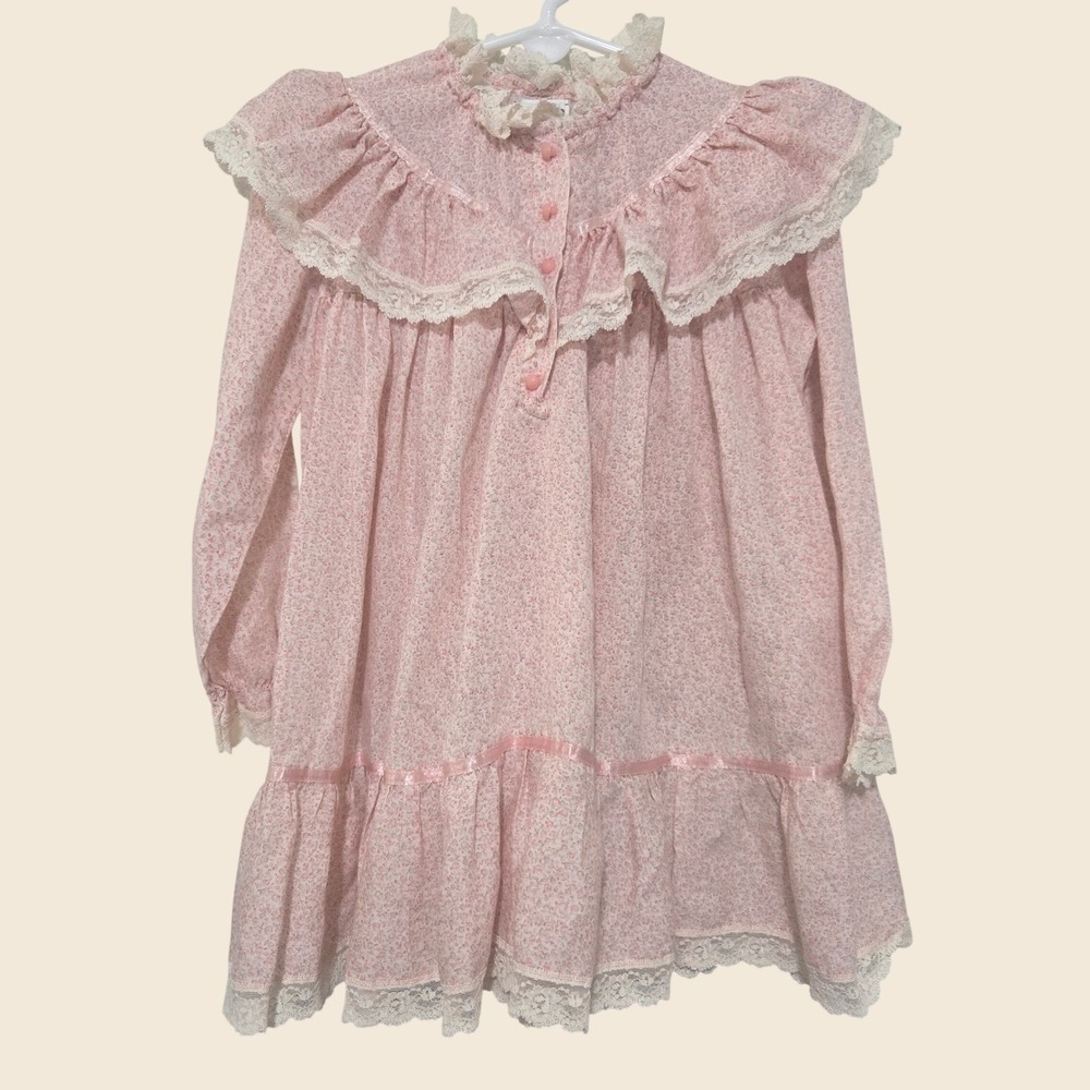Vintage Nannette Kids Pink Floral Lace Ruffle Prairie Dress Size 4 Made in USA